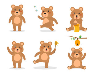 Cute brown bear cartoon vector set in different emotion isolated on white background - Vector illustration