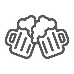 Two glasses of beer line icon, st patrick's day and alcohol, toasting beer glasses sign, vector graphics, a linear pattern on a white background, eps 10.