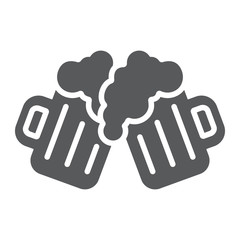 Obraz premium Two glasses of beer glyph icon, st patrick's day and alcohol, toasting beer glasses sign, vector graphics, a solid pattern on a white background, eps 10.