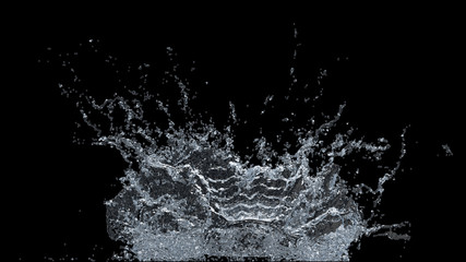 Water splash slow motion on black background. 3D illustration design.