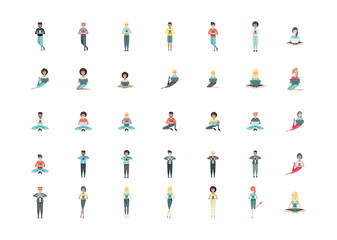 Isolated people using technology set vector design