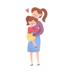 Mom and Her Kid Vector Illustration. Young Mother Holding Her Baby in Arms and Embracing