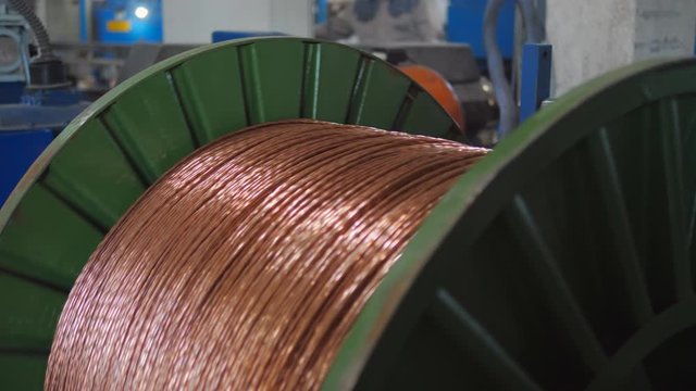 The production of copper electric cable at the factory.