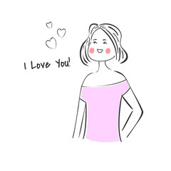 Hand-drawn beautiful girl smiling with hearts. Greeting card.