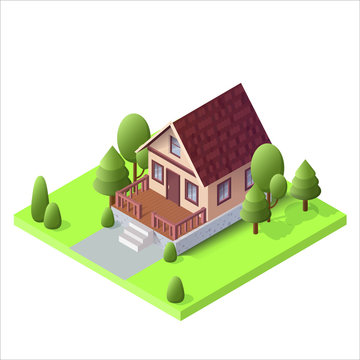 Isometric Country House On Green Ground With Trees. The Poster For Sale The Real Estate, Construction And Leased Concept And Billboard. Vector Illustration