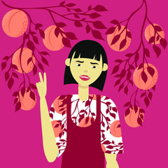 Beautiful girl in a dress with a pattern of peaches on a peach tree background. Flat vector illustration on a beautiful color background.
