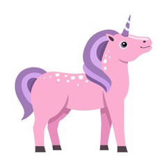 Cheerful pink unicorn on white background