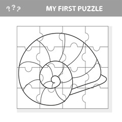 Kids entertaining game with a sea shell puzzle piece in a vector illustration of marine life - my first puzzle and coloring book