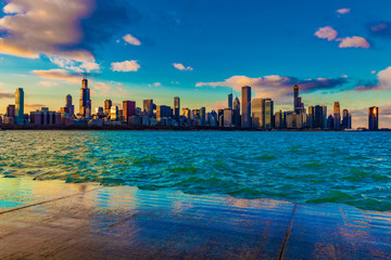 Chicago skyline city at sunset, January 2019