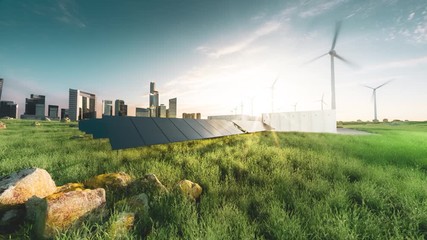Smart grid renewable energy system solution for future smart cities at sunset. 3d rendering clip. - Powered by Adobe