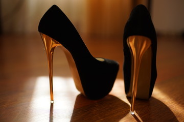 fashion black women shoes on golden shiny high heel in sunny room.