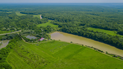 Aerial view from above over rural landscape