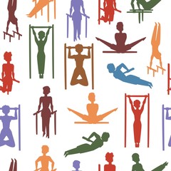 Gymnastics and acrobatics seamless vector pattern. Cartoon illustration of training on horizontal bar sport gymnasts colorful silhouettes. Artistic gymnastics and acrobatics. Professional sportsman.