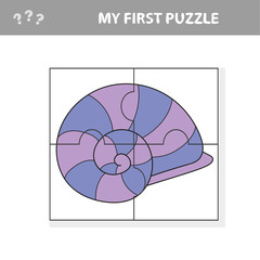 Kids entertaining game with a sea shell puzzle piece in a vector illustration of marine life - my first puzzle