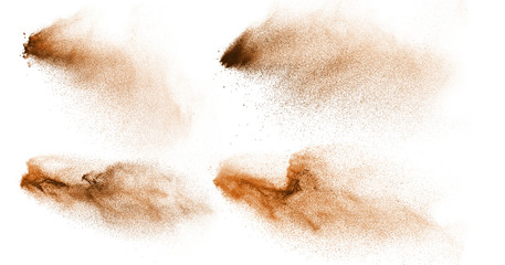 Abstract design of set dark powder particles explosion isolated over white background