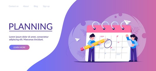 Concept of planning tasks for the week, month. Employees with a pencil and a list of tasks are near the calendar, the scheduler. Man and woman make up a business plan. Modern flat illustration.