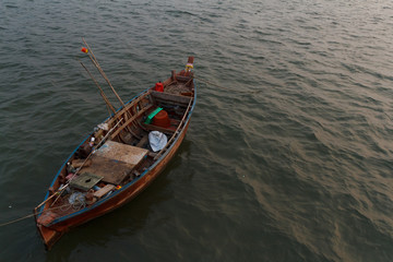 Bang Pra, Chonburi Thailand - January 18,2020 : Small Fishing boat in the sea.