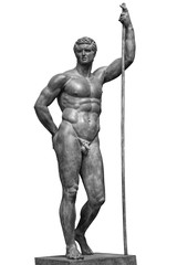 Ancient bronze statue of naked man isolated on white background. Muscular sculpture