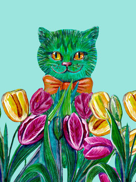 Green march cat wearing orange bow tie sitting in blooming tulups