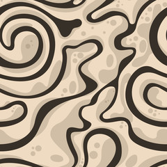Seamless vector flowing background in brown tones. Texture for fabric or paper, liquid with dripping drops and spirals in beige pastel colors.
