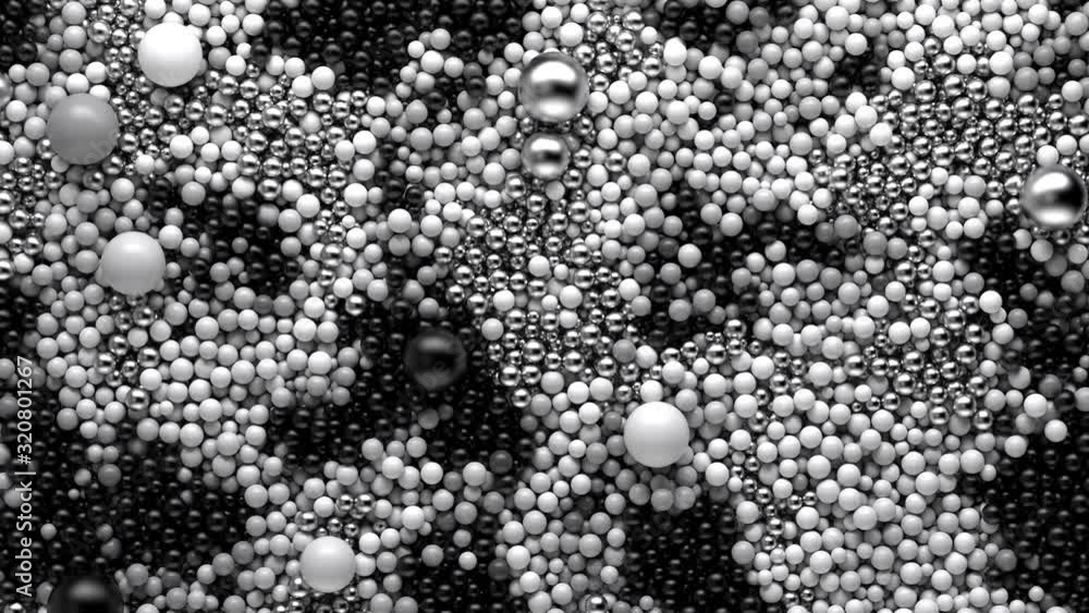 Poster black and white 3d render background with a lot of spheres that has a vorticity dynamics. realistic 