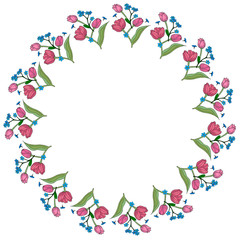 Round frame with vertical blue flowers forget-me-not and pink tulips on white background. Vector image.