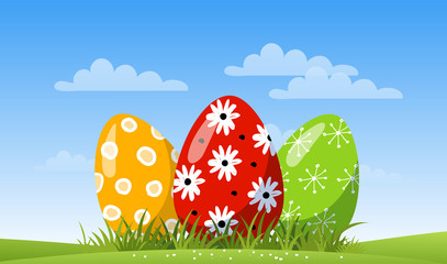 Easter card with beautiful decorated eggs on the grass against the sky. Cartoon vector illustration for design, invitation, decor.