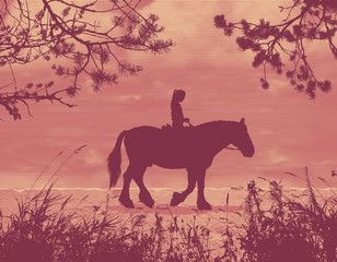A girl riding a horse rides along the seashore at sunset. Composition of silhouettes. Vector illustration.