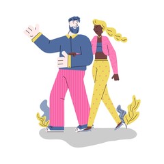 Cartoon couple walking together isolated on white background