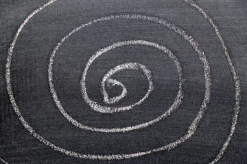 White color chalk hand drawing in spiral shape on black board background