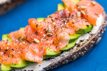 Sandwich with smoked salmon and cucumber. Concept for healthy nutrition.