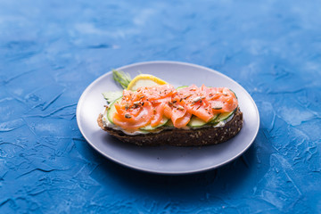 Sandwich with smoked salmon and cucumber. Concept for healthy nutrition.