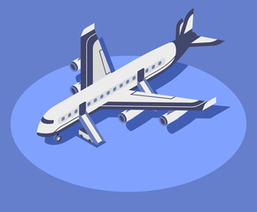 Commercial airplane isometric color vector illustration. Civil aviation, modern aircraft 3d concept isolated on blue background. Airline company transport. international tourism, airway travel
