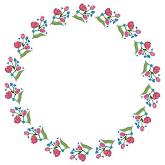 Round frame with horizontal blue flowers forget-me-not and pink tulips on white background. Vector image.