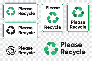 Please Recycling Sign for Public Places. Recycle Green Arrows Pictogram. Isolated vector illustration on transparent background - 320802484