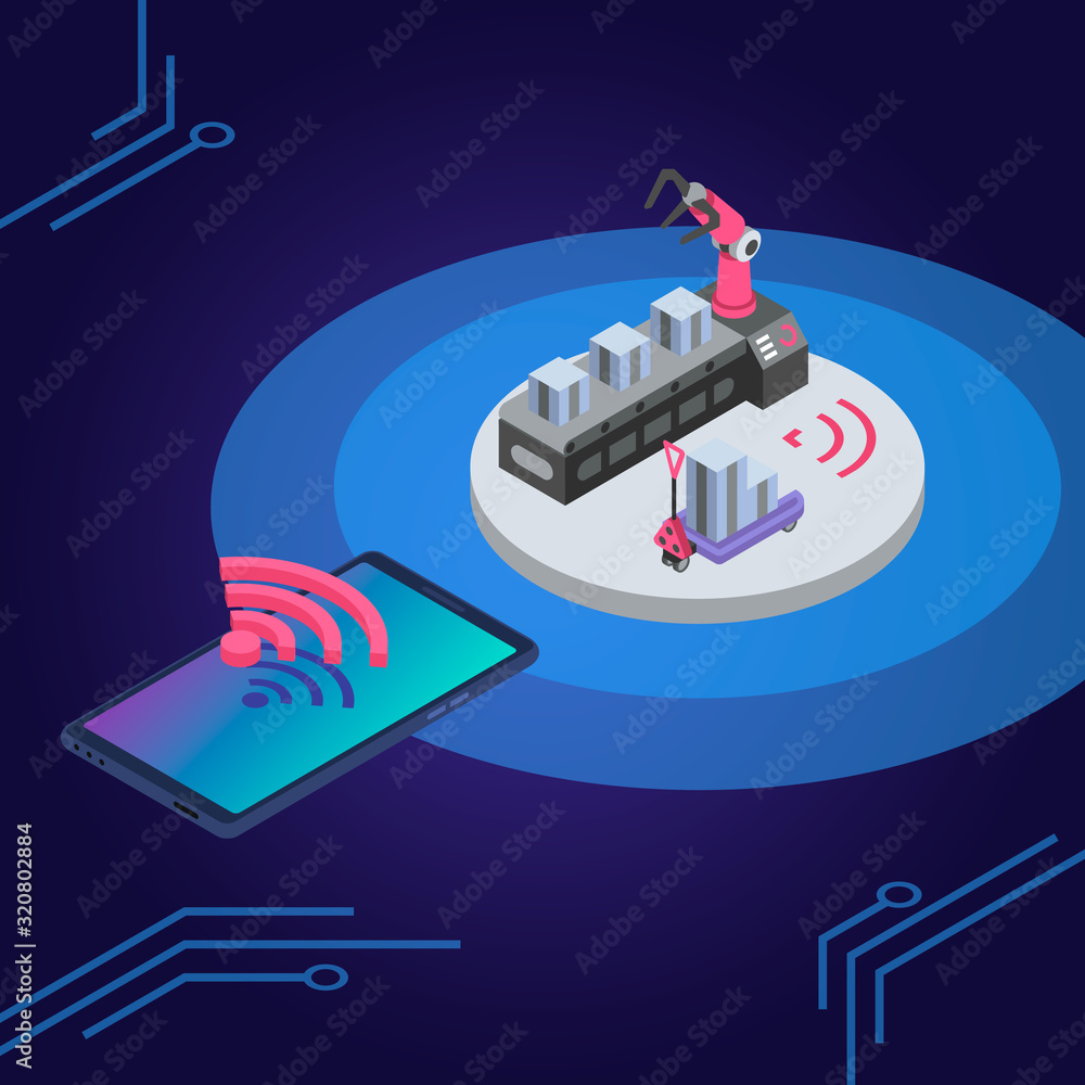 Aufkleber mechanical robot arm remote control isometric color vector illustration. conveyor line, manufacture 