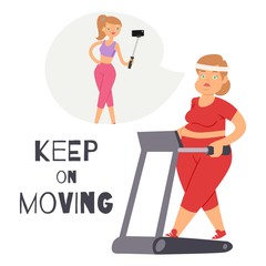 Keep on moving background with fat women sporty jogging on gym apparatus vector cartoon illustration. Obese fat woman doing sport and result loosing weight slim beauty girl in baloon, keep moving.