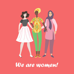 International Womens Day greeting card. Illustration with european, african, andmuslim women.