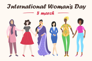 International Womens Day greeting card. Illustration with women of different nationalities and cultures.