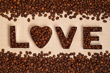  The word LOVE Written coffee, coffee inscription background, coffee in the shape of a heart, coffee background, Top coffee and bottom