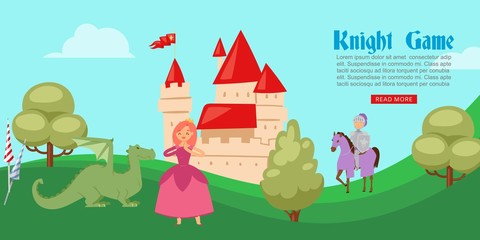 Medieval or fairy tale cartoon knight game banner with castle and knight in full body armor suits on horse, dragon and princess vector illustration. Knight game website. © partyvector