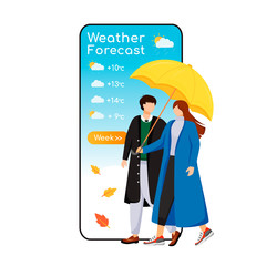Weather forecast cartoon smartphone vector app screen. Mobile phone display, flat character mockup. Romantic relationship. Caucasian couple with umbrella. Meteorology application telephone interface