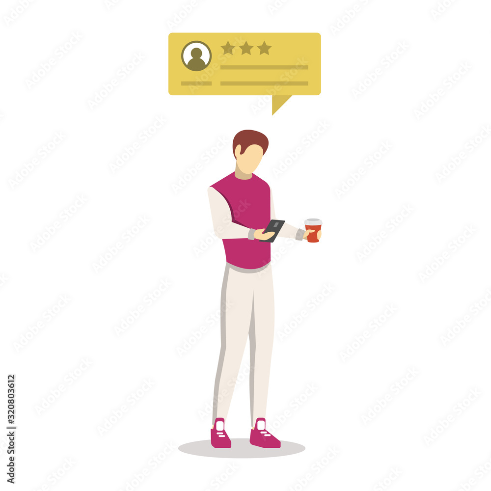 Poster man with review bubble semi flat rgb color vector illustration. user experience. consumer feedback. 