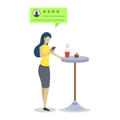 Woman with positive review bubble semi flat RGB color vector illustration. User experience. Consumer, client feedback. Quality evaluation. Coffee shop rating. Isolated cartoon character on white