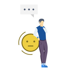 Uncertain man semi flat RGB color vector illustration. Neutral emoticon. Consumer feedback. Confused, doubting person. Quality evaluation. Emotional review. Isolated cartoon character on white