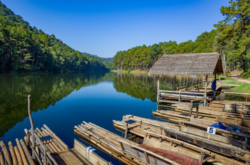 Naklejka premium Pang Oung Roum Lake, Clear water wir reflection and trees, north of Thailand, Bamboo raft for sightseeing
