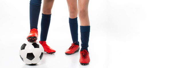 two women posing soccer players isolated on white background,banner