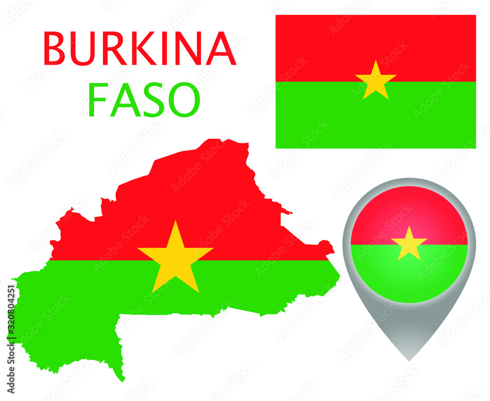 Sticker colorful flag, map pointer and map of burkina faso in the colors of the burkina faso flag. high deta - Stickers
