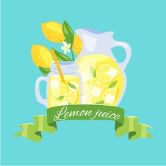 Lemon juice, fresh lemonade with lemons fruit slices in glass jar and green banner vector illustration. Juicy citrus with leaves isolated on blue background poster.