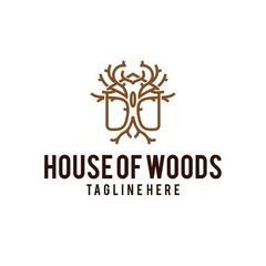 house of wood logo design. abstract twigs of a tree in the house vector illustration for furniture wood craft company graphic template